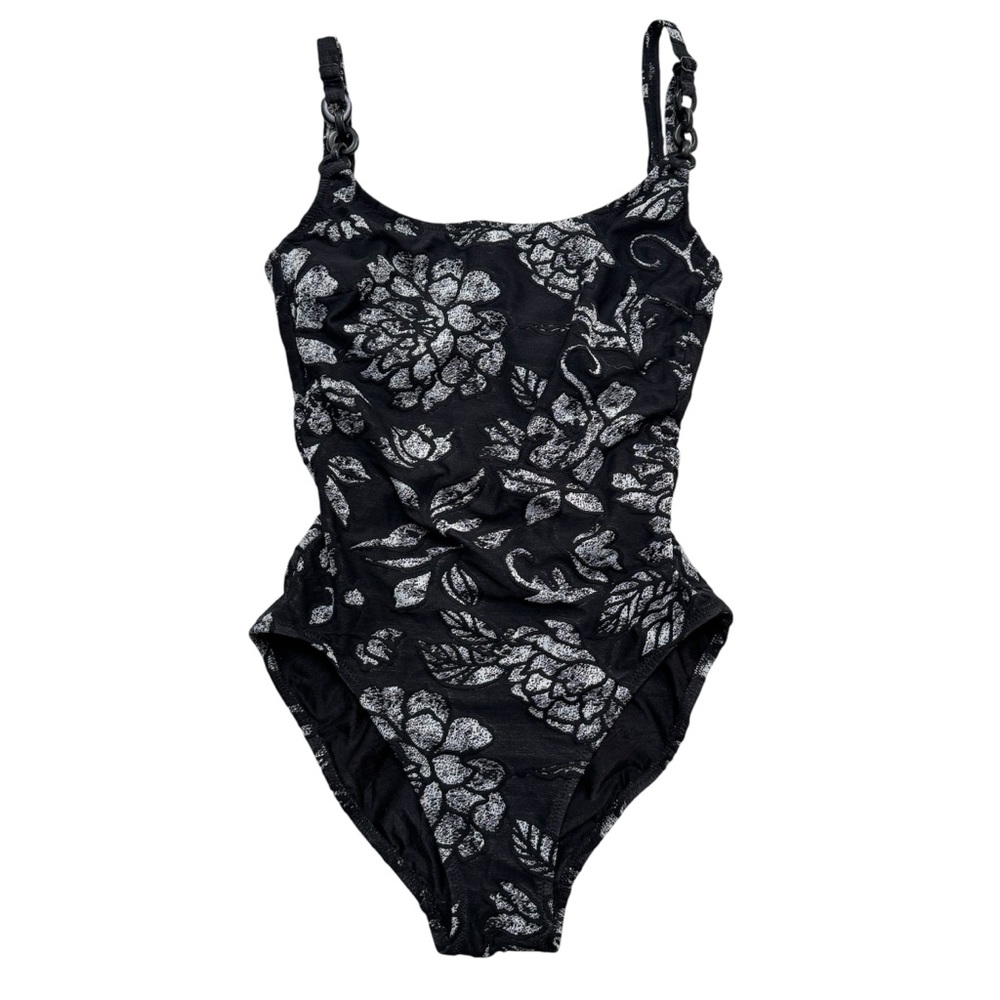 Gottex Black One-Piece Swimsuit with Silver Floral Pattern